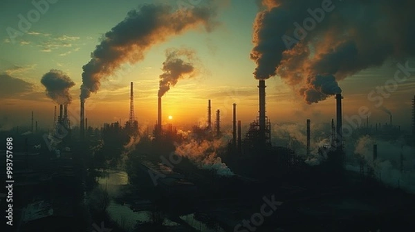 Fototapeta Industrial Sunset with Smoke Stacks and Pollution