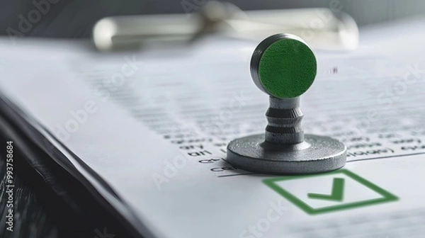 Obraz Close-up of a document with a green check mark stamp on it, indicating approval or compliance with specified standards.