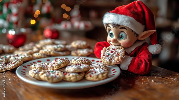Fototapeta Cute Christmas Elf Eating Cookies on Festive Table

