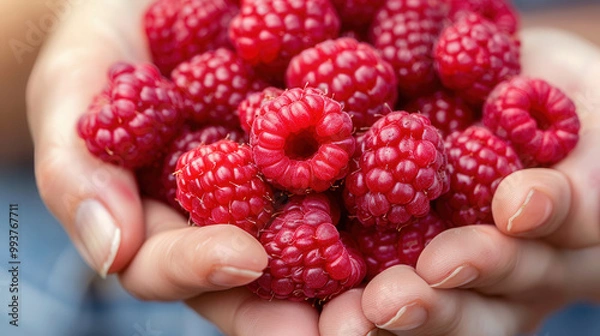 Fototapeta Raspberry Harvest at a Berry Farm, vibrant red raspberries being carefully picked by hand, showcasing the delicate texture and freshness of the fruit in a lush green setting