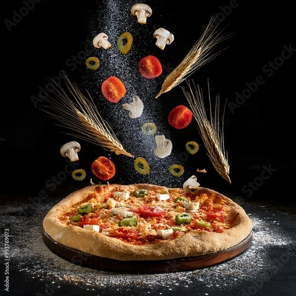 Fototapeta Artistic Pizza Creation with Floating Ingredients