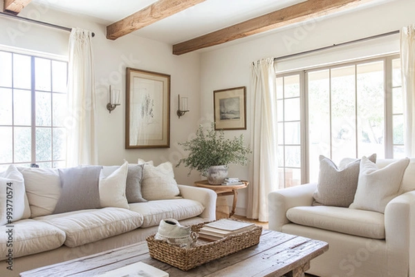Fototapeta A bright and airy farmhouse living room with light cream walls, wooden beams on the ceiling, large windows with white curtains, comfortable sofas in soft linen beige tones, a rustic coffee table.