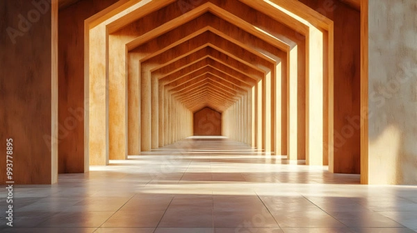 Fototapeta 3D Render: Long Corridor with Wooden Beams and Light