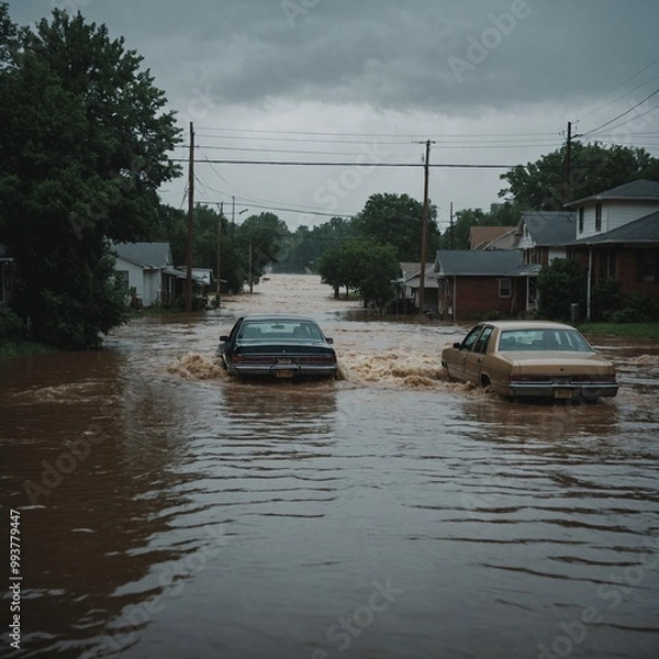 Fototapeta Flood crisis in city with torrential rains leading to widespread water damage and disruptions