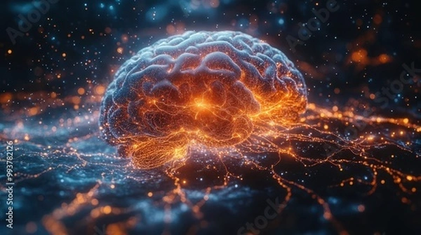 Fototapeta intricate 3d rendering of a human brain displaying detailed neural pathways against a dark backdrop emphasizing the complexity and beauty of human anatomy in a scientific context