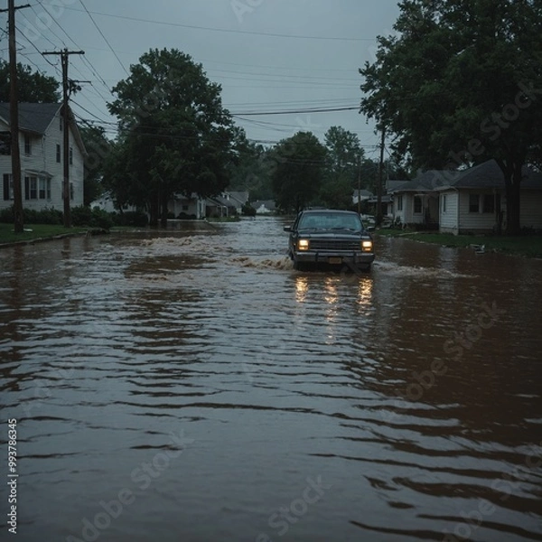Fototapeta Heavy rains create urban flood crisis with streets and properties submerged under rising waters