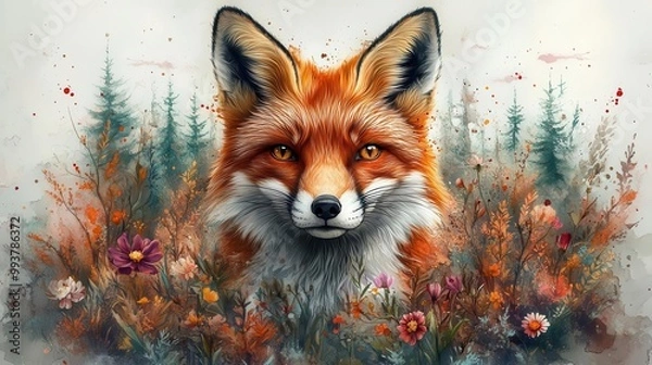 Fototapeta majestic fox portrait adorned with intricate floral tattoos swirling through its fur set against an ethereal forest backdrop bursting with vibrant watercolor splashes