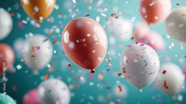 Fototapeta This image shows colorful balloons floating against a vibrant background with confetti, perfect for celebrations and special occasions.