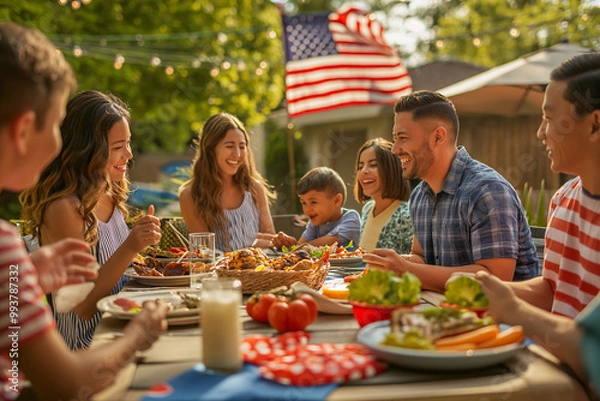 Fototapeta Hispanic family and friends enjoy a backyard summer barbecue grill cookout dinner party on 4th of July