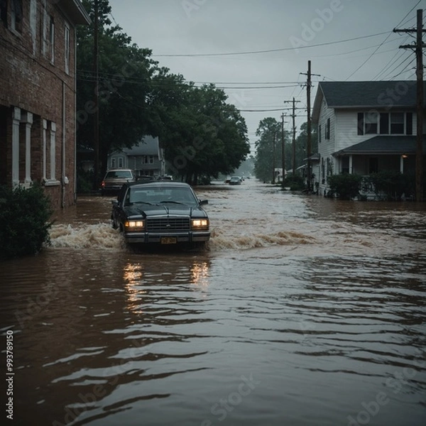 Fototapeta Floodwaters surge across downtown area after heavy rainfall, creating major property and infrastructure damage