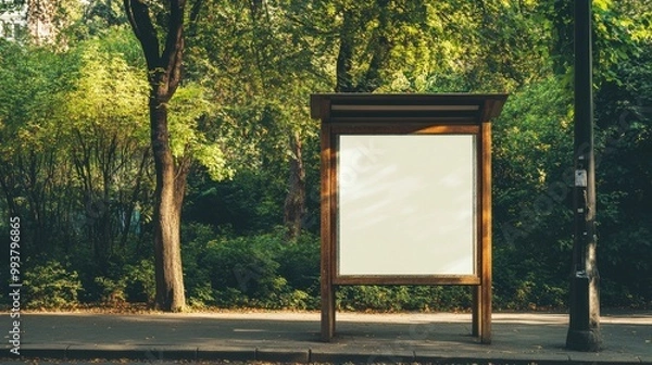 Fototapeta A vertical blank billboard mockup on a bus shelter, with a green park background, creating a refreshing setting for creative advertising or branding content.