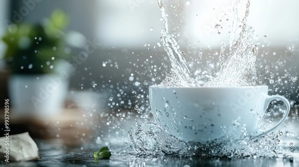 Fototapeta Water being poured into a white ceramic cup, splashing over the table, freeze-framing the energetic and dynamic moment of a drink being made in a minimalist kitchen setting.