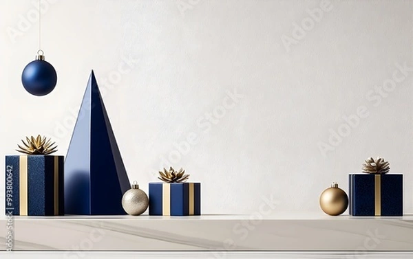 Fototapeta Festive display featuring geometric tree sculptures, blue and gold gift boxes, and elegant ornaments, modern holiday luxury