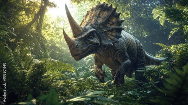 Fototapeta A majestic dinosaur resembling the triceratops from the original image, standing in a dense, prehistoric jungle, lush ferns and giant leaves around it