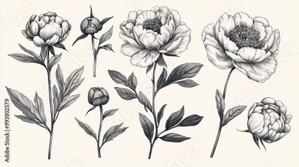 Fototapeta A collection of beautiful, hand-drawn peony flowers and leaves. These delicate illustrations are perfect for adding a touch of vintage charm to your designs.
