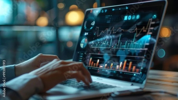 Fototapeta Digital Advertising Analytics and Video ADS Campaigns. Person using laptop analyzing digital ad performance metrics and campaign data. Digital marketing online, Content creation, Customer engagement