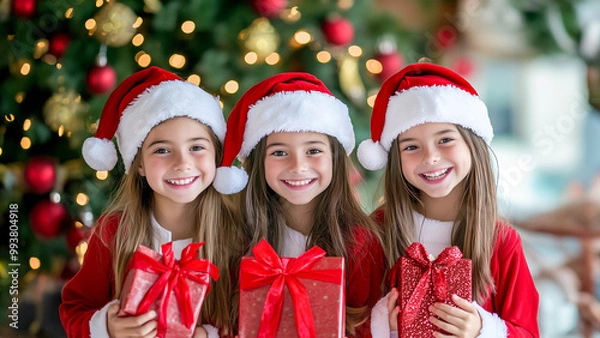 Fototapeta クリスマスプレゼントを持つサンタガール達