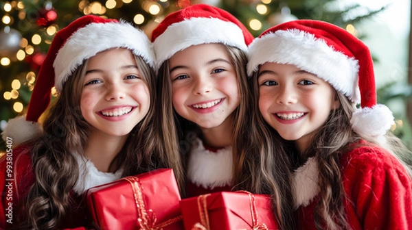 Fototapeta クリスマスプレゼントを持つサンタガール達