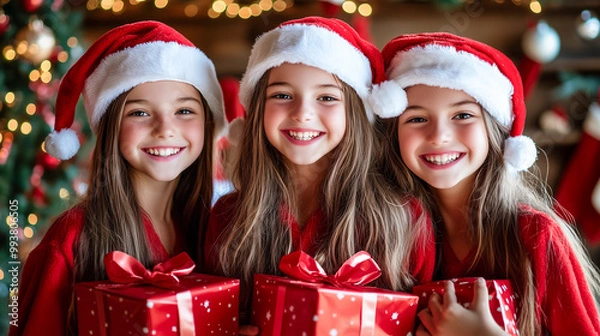 Fototapeta クリスマスプレゼントを持つサンタガール達