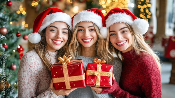 Fototapeta クリスマスプレゼントを持つサンタガール達