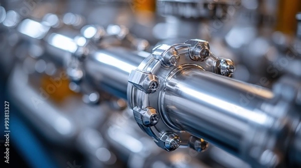Fototapeta A close-up shot of shiny stainless steel pipes featuring detailed metallic locking bolts in an industrial environment, highlighting engineering and mechanical precision.