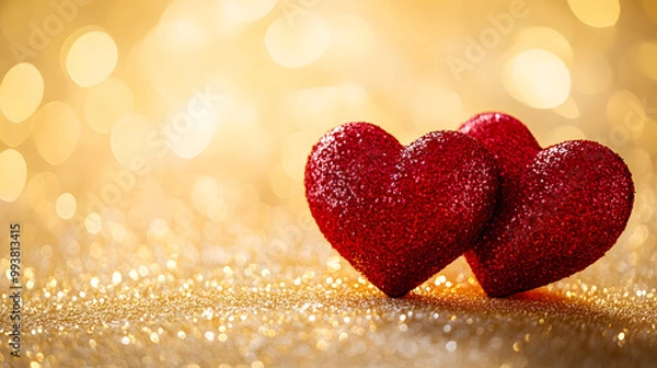 Fototapeta Two Sparkling Red Hearts on a Glittery Blue Background design