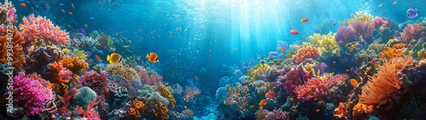 Fototapeta A colorful coral reef teeming with marine life, vibrant corals, and clear blue water. Fish of every hue dart between coral structures, creating a lively underwater ecosystem.