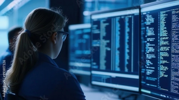 Fototapeta IT security team identifying vulnerabilities in a network, implementing measures to reduce cyber risks   IT risk management, cybersecurity