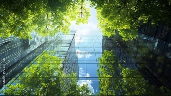 Fototapeta Reflection of Green Forest and Blue Sky on Glass Walls of Modern Buildings in Spring. AI generated illustration