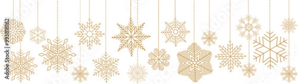 Fototapeta Snowflake seamless border. Golden glitter background with falling glitter confetti and  snowflakes. Simple hanging golden christmas snowflake seamless border . Christmas background.