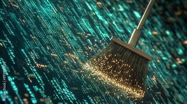 Fototapeta Broom Sweeping Up Digital Data and Binary Code. AI generated illustration