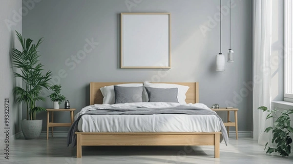 Fototapeta Airy minimalist bedroom with soft gray tones, a natural wood bed frame, and a single piece of art above the headboard.
