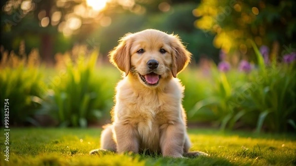 Fototapeta Adorable Eight Week Old Golden Retriever Puppy Sitting Playfully on Soft Grass in Sunny Garden