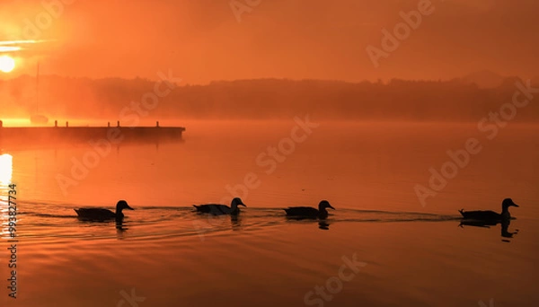 Obraz Silhouette einer Entenfamilie bei wunderschönem Sonnenaufgang mit Nebel am See