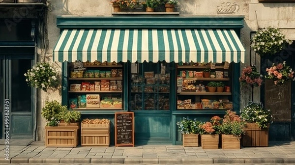 Fototapeta Charming Vintage Grocery Store Front with Striped Awning. AI generated illustration