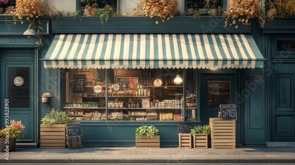 Fototapeta Charming Vintage Grocery Store Front with Striped Awning. AI generated illustration
