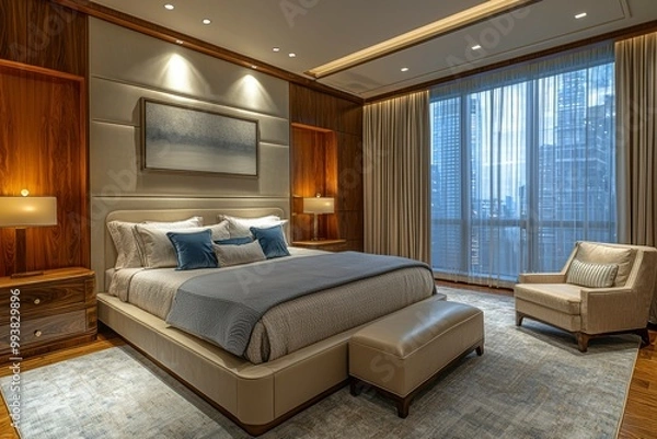 Fototapeta Modern Bedroom with City View and Leather Bed