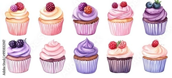 Fototapeta Cupcakes set. Cupcakes with pink and purple frosting, a watercolor illustration on a white background. Hand-drawn cupcakes in different shapes with flower decorations. 