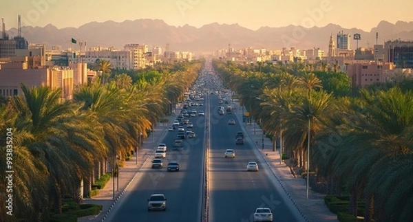 Fototapeta Aerial View of Riyadh: Palm Trees Lining the Streets. AI generated illustration