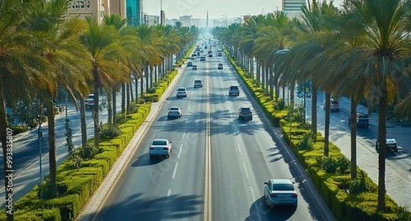 Fototapeta Aerial View of Riyadh: Palm Trees Lining the Streets. AI generated illustration