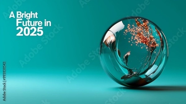 Fototapeta 3D Sphere with Abstract Shapes and Glowing Lights on Teal Background