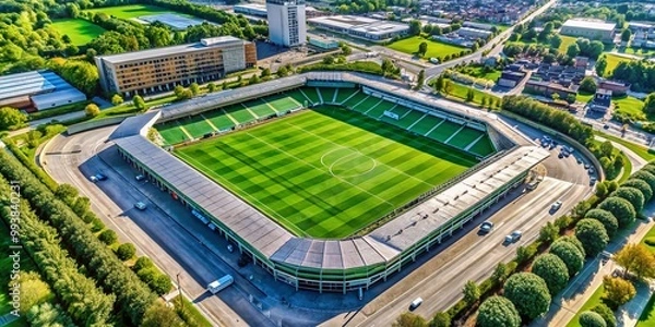 Fototapeta Aerial view of a modern football stadium showcasing vibrant green pitch and surrounding infrastructure