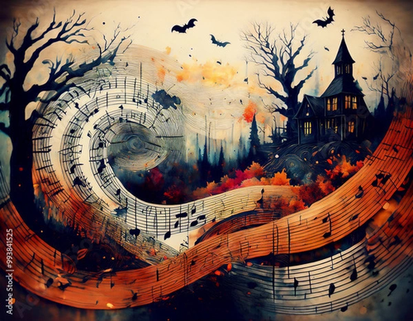 Fototapeta ハロウィーンの楽しいの雰囲気がコンセプトの図形楽譜　流動的に散りばめられた幾何学模様と装飾と音楽的要素　広がる森と遠く見えるお化け屋敷