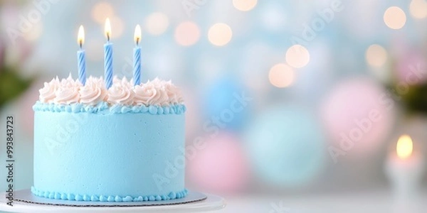 Obraz A blue birthday cake with candles on top, blue balloon and bokeh light in the background