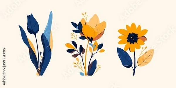 Fototapeta  Three Flowers in Bold Geometric Style on a White Background