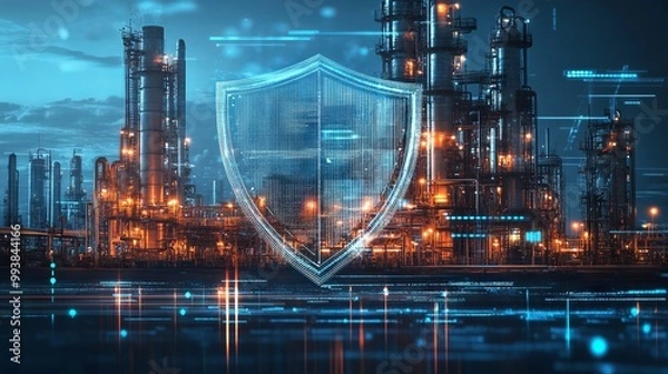 Fototapeta Digital Shield Over Oil Plant with Data Stream Background. AI generated illustration
