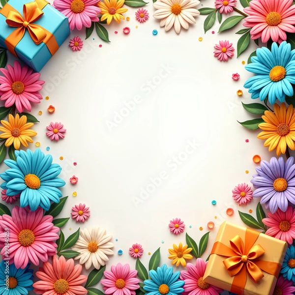 Fototapeta Festive background. Vibrant and colorful arrangement of flowers, gifts, and a large empty space in the center, all set against a white background.