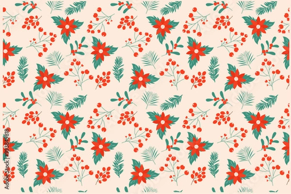 Fototapeta Winter seamless pattern with poinsettia, red berries. Hand drawn vector design.