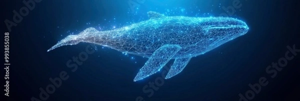 Fototapeta Blue whale figure with glowing polygon structure on dark background, digital art concept