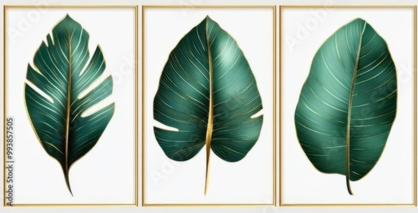 Fototapeta Set of three abstract green leaf line art posters framed on a white background.